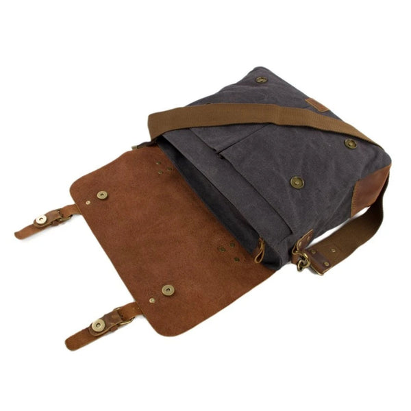 Handmade Waxed Canvas & Leather Satchel Messenger Bag - Dark Grey/Brown - Blue Sebe Handmade Leather Bags