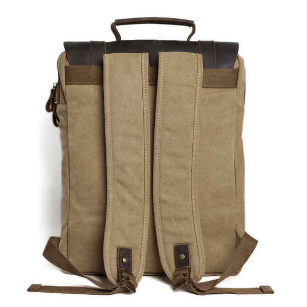 Waxed Canvas and Leather Double Strap Backpack - Khaki - Blue Sebe Handmade Leather Bags
