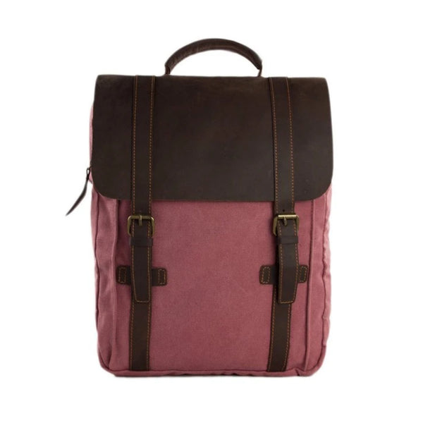 Waxed Canvas and Leather Double Strap Backpack - Pink - Blue Sebe Handmade Leather Bags