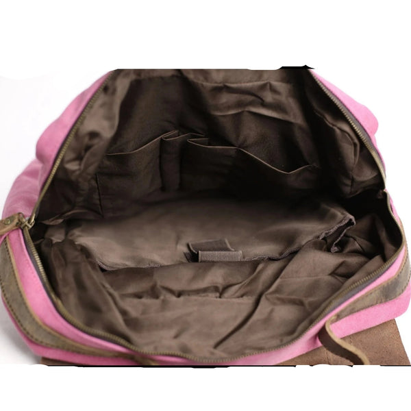 Waxed Canvas and Leather Double Strap Backpack - Pink - Blue Sebe Handmade Leather Bags