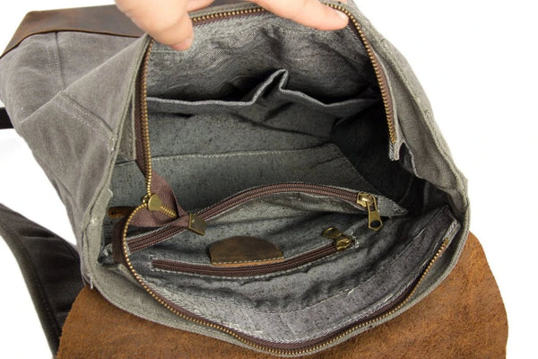 Waxed Canvas and Leather Casual Backpack - Dark Grey - Blue Sebe Handmade Leather Bags
