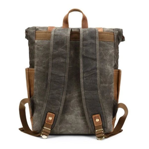 Waxed Canvas with Leather Trim Expandable Backpack - Blue Sebe Handmade Leather Bags
