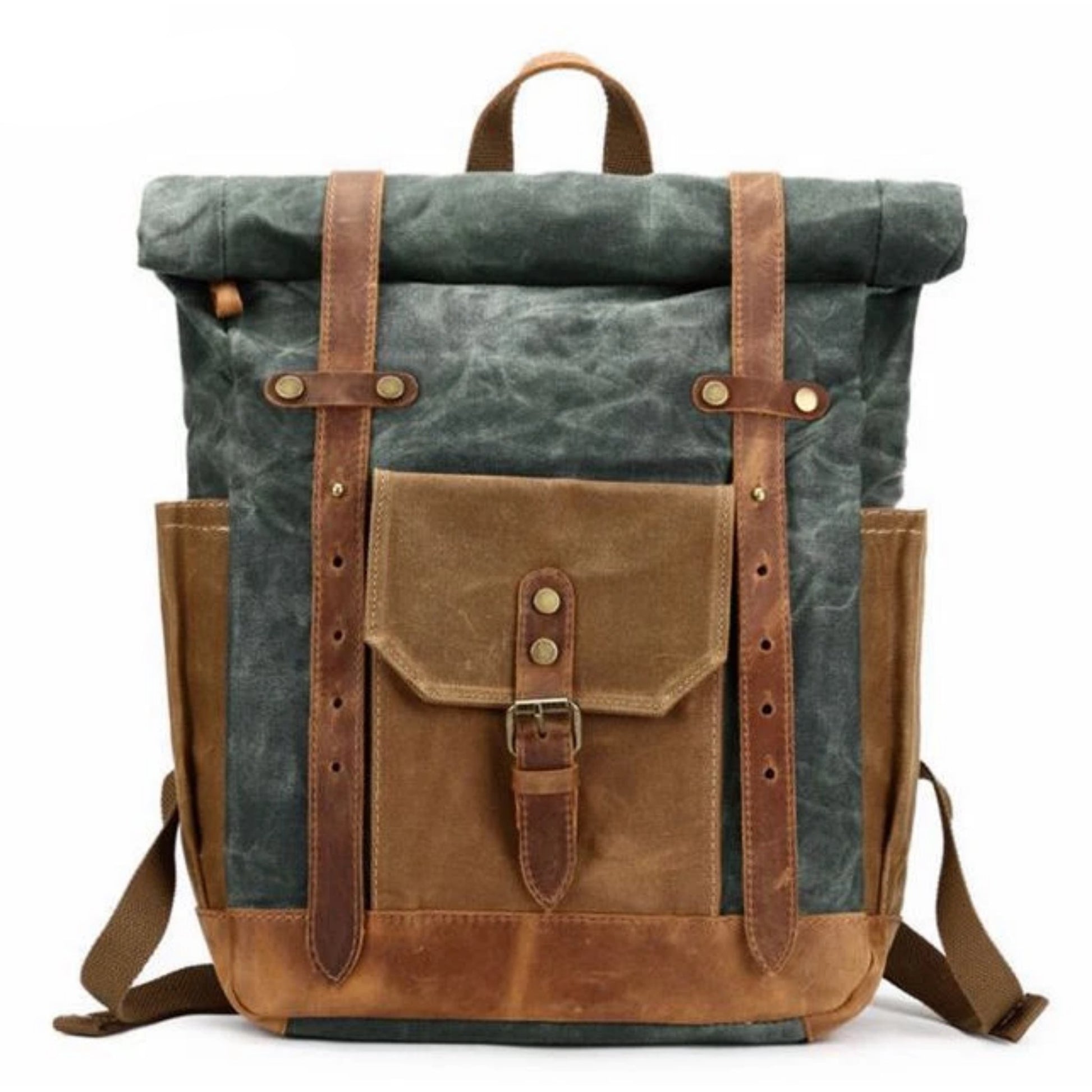 Waxed Canvas with Leather Trim Expandable Backpack - Blue Sebe Handmade Leather Bags