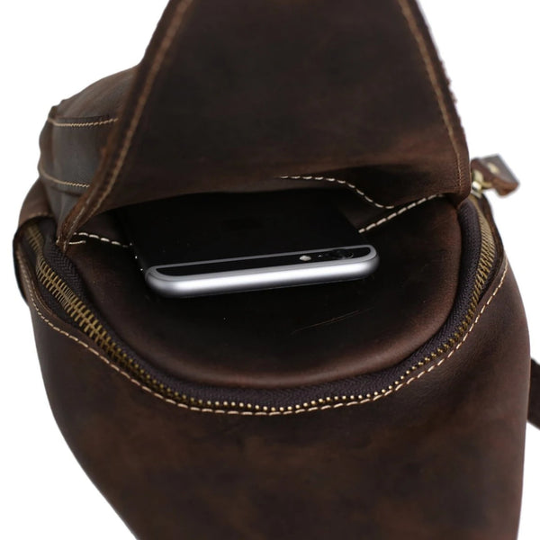 Handmade Genuine Leather Men's Messenger Chest Pack | Brown - Blue Sebe Handmade Leather Bags