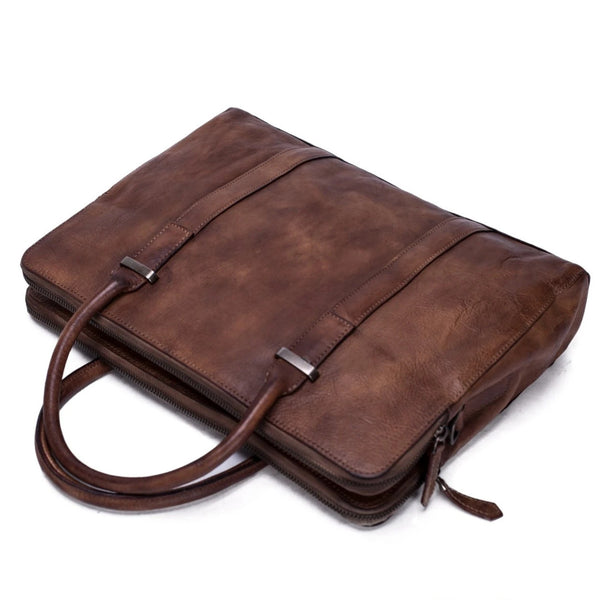 Vintage Vegetable Tanned Leather Briefcase - Vintage Brown - Blue Sebe Handmade Leather Bags