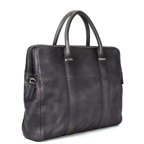 Vintage Vegetable Tanned Leather Briefcase - Dark Grey - Blue Sebe Handmade Leather Bags