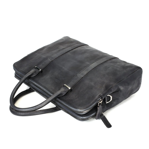 Vintage Vegetable Tanned Leather Briefcase - Dark Grey - Blue Sebe Handmade Leather Bags