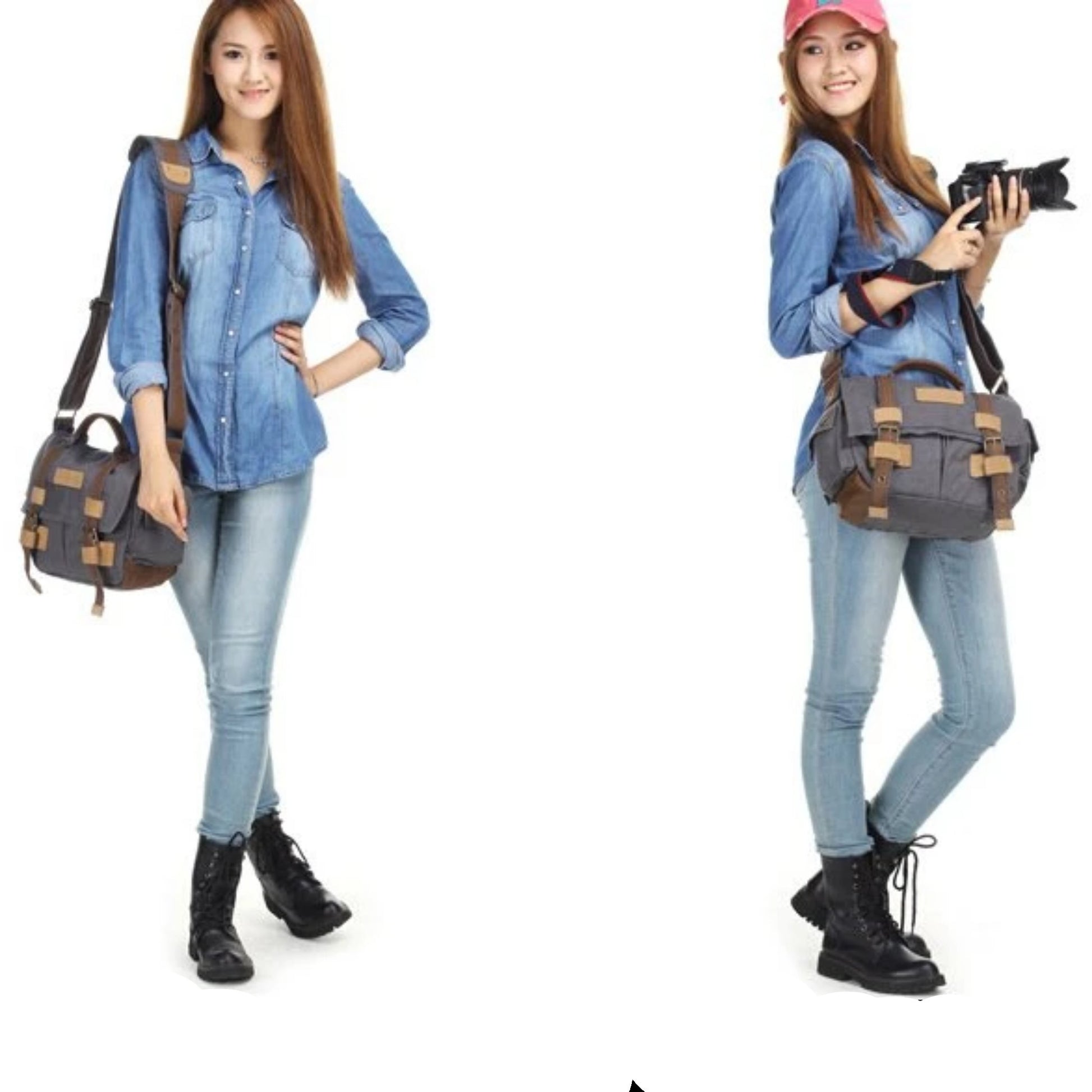 Waxed Canvas DSLR Camera Messenger Bag, Diaper Bag - Medium - Blue Sebe Handmade Leather Bags