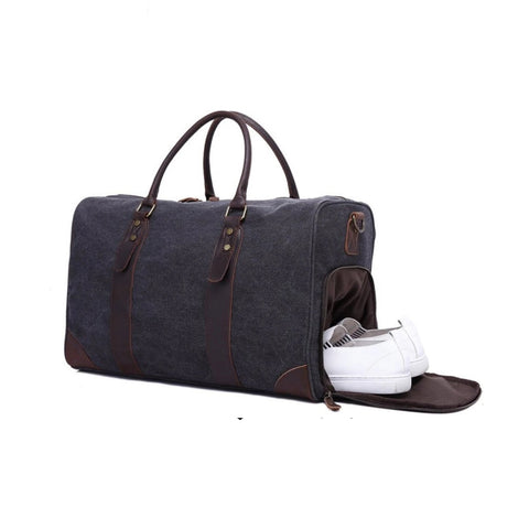 Canvas Leather Trim Travel Duffel with Shoe Pouch - Blue Sebe Handmade Leather Bags