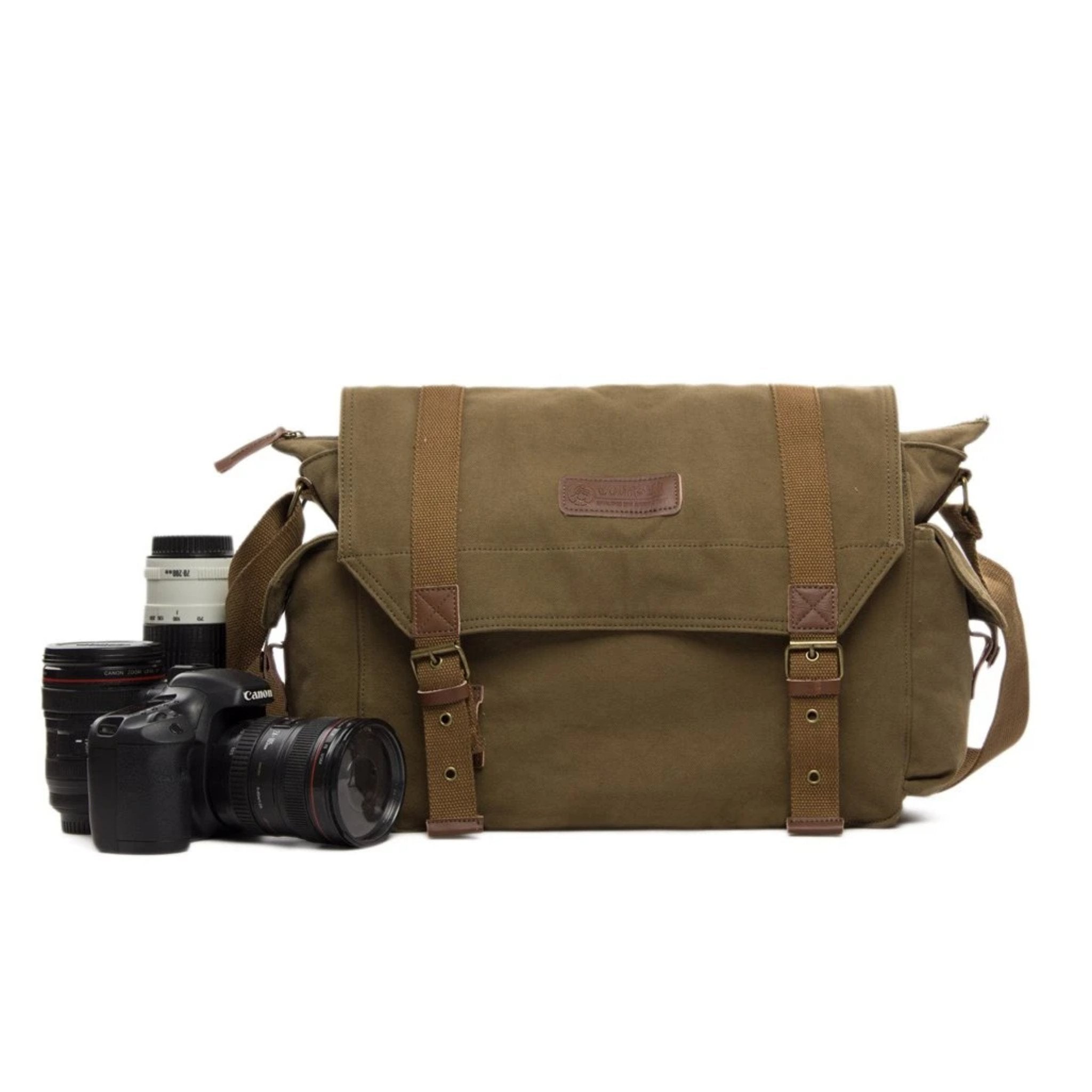Waxed Canvas Simple DSLR Camera Messenger Bag, Diaper Bag - Army Green - Blue Sebe Handmade Leather Bags