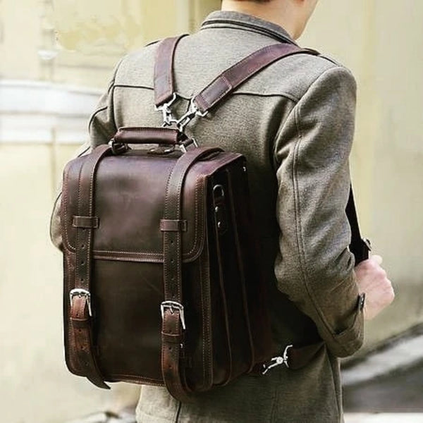 Rustic Brown Leather Backpack, Messenger Bag - Blue Sebe Handmade Leather Bags