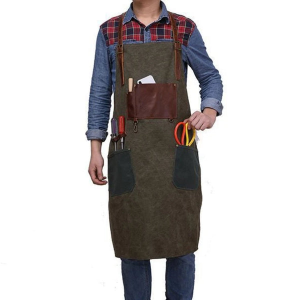 Handmade Vintage Waxed Canvas And Leather Apron - Blue Sebe Handmade Leather Bags